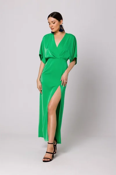 Dlouhé zelené šaty s vysokým rozparkem Makover