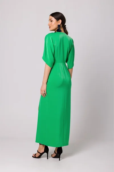 Dlouhé zelené šaty s vysokým rozparkem Makover