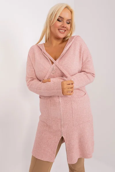 Pudrově růžový dámský delší svetr s kapucí FPrice plus size