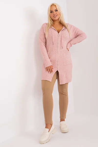 Pudrově růžový dámský delší svetr s kapucí FPrice plus size