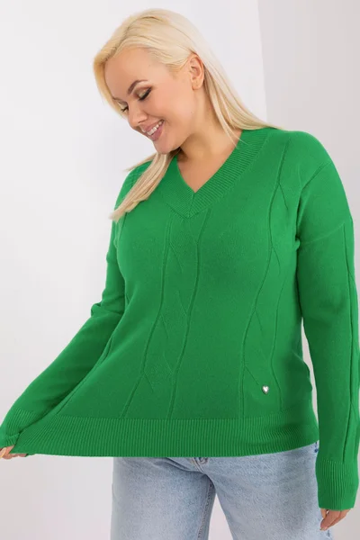 V-neck zelený dámský svetr plus size FPrice