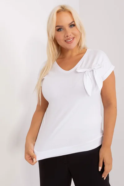 Bílé dámské tričko V-neck s mašlí FPrice