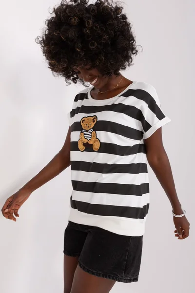 Bílo-černé dámské pruhované tričko s medvídkem FPrice