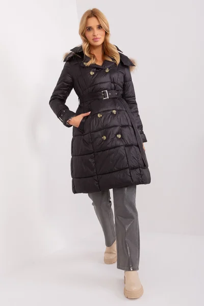Černý dámský prošívaný kabát s kapucí FPrice