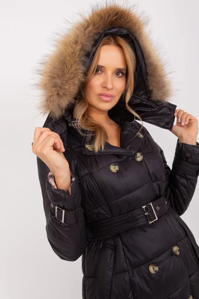 Černý dámský prošívaný kabát s kapucí FPrice