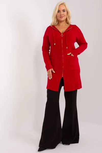 Delší červený dámský svetr s kapucí FPrice plus size