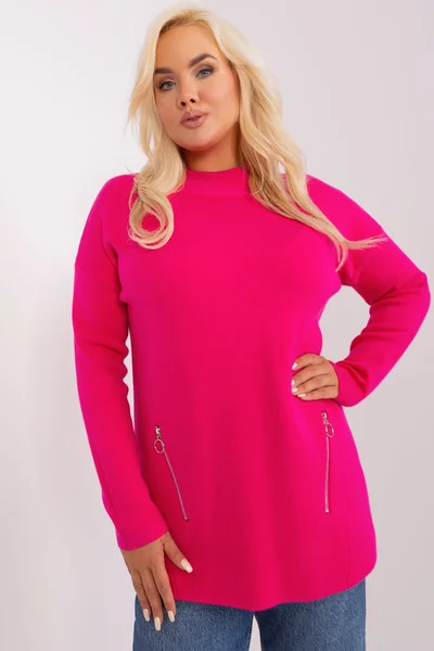 Dámský Fuchsiový Plus Size Svetr se Zipy - FPrice