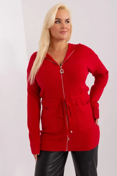 Červený delší dámský svetřík na zip plus size FPrice