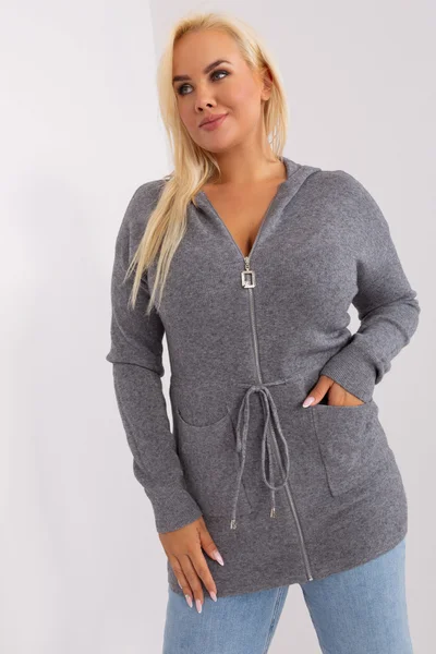 Dámský plus size tmavě šedý rozepínací svetr s kapucí