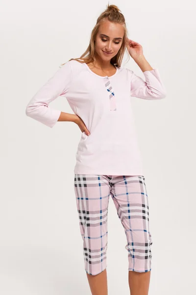 Světle růžové dámské pyžamo s kostkovanými bermudami Italian Fashion