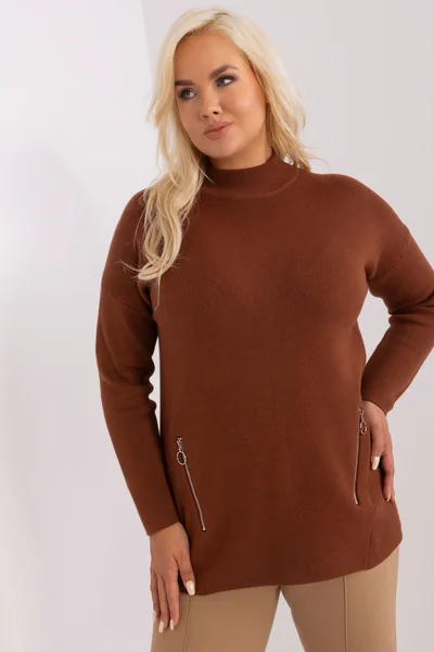 Dámský hnědý plus size ležérní svetr FPrice