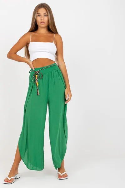 Volné letní zelené kalhoty s rozparky Och Bella
