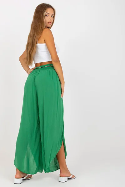Volné letní zelené kalhoty s rozparky Och Bella