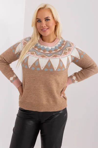 Béžový dámský svetr s barevným zdobením FPrice
