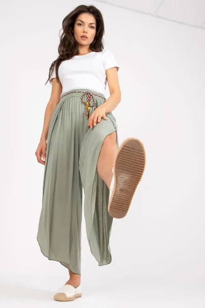 Široké letní dámská kalhoty s rozparky Och Bella khaki