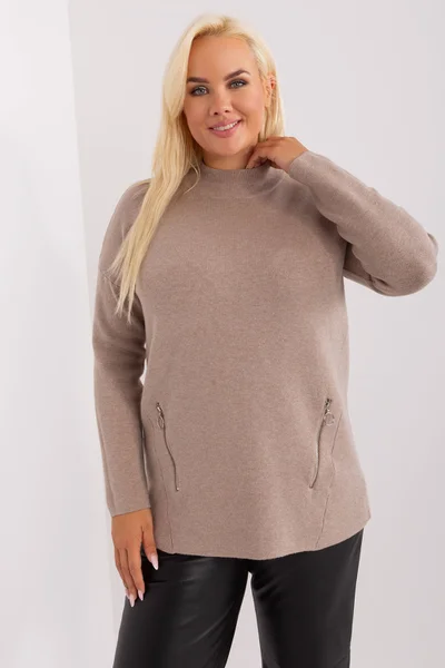 Dámský plus size svetr s rolákem tmavě béžový FPrice