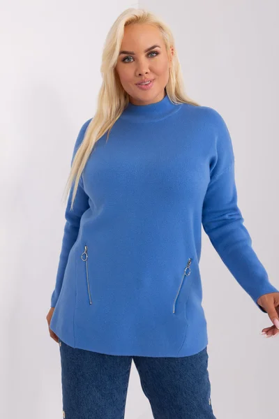 Dámský modrý plus size svetr s polovičním rolákem