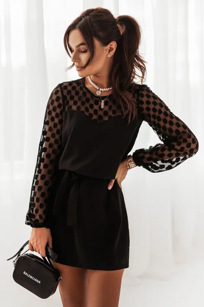 Sexy černé mini šaty s síťovanými rukávy IVON