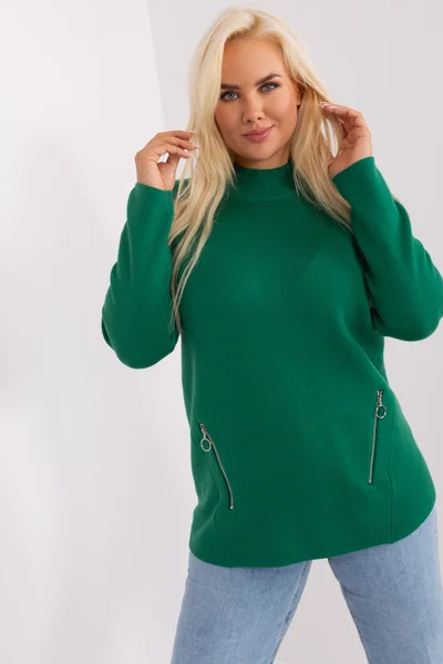 Dámský tmavě zelený plus size svetr se zipy od FPrice