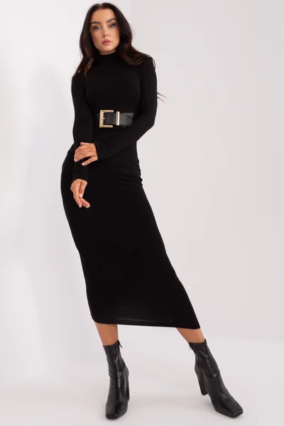 Černé přiléhavé dámské midi šaty s dlouhým rukávem FPrice