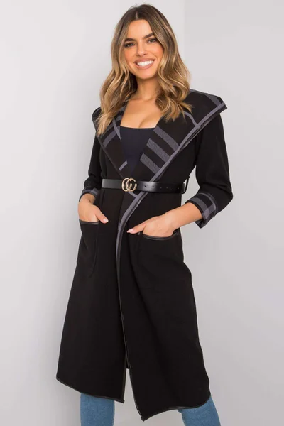 Černý dámský kabát s páskem FPrice