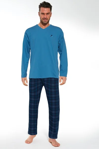 Pánské modré pyžamo s kostkovanými kalhotami Cornette