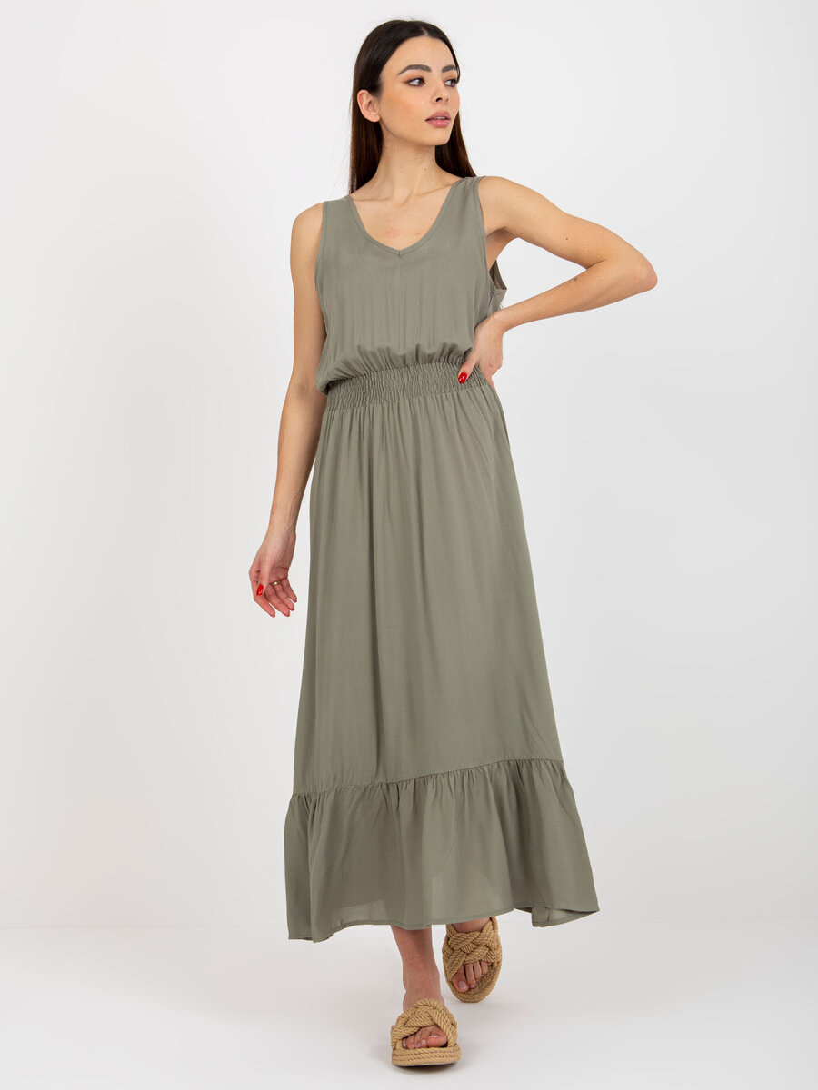 Maxi letní khaki šaty s volánem FPrice, XS i523_4063813474464