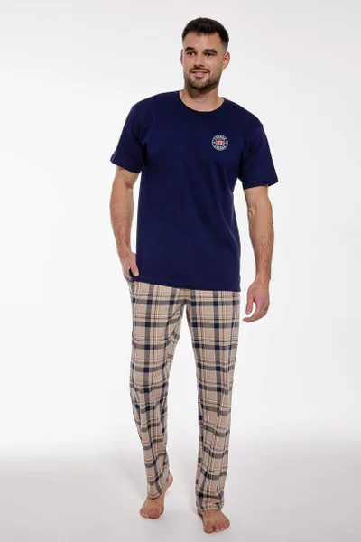 Pánské dlouhé pyžamo s kostkovanými kalhotami Cornette
