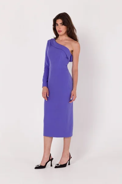 Elegantní fialové midi šaty s jedním rukávem Makover
