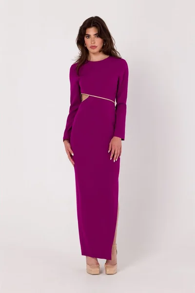 Elegantní dlouhé fialové dámské šaty s průstřihem Makover