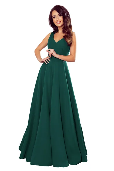 CINDY - Dlouhé šaty v lahvově zelené barvě s výstřihem YJ33 Numoco
