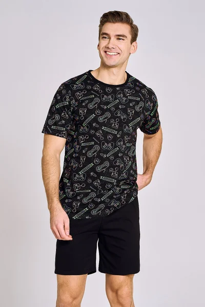 Černé pánské bavlněné pyžamo se vzorovaným tričkem Taro