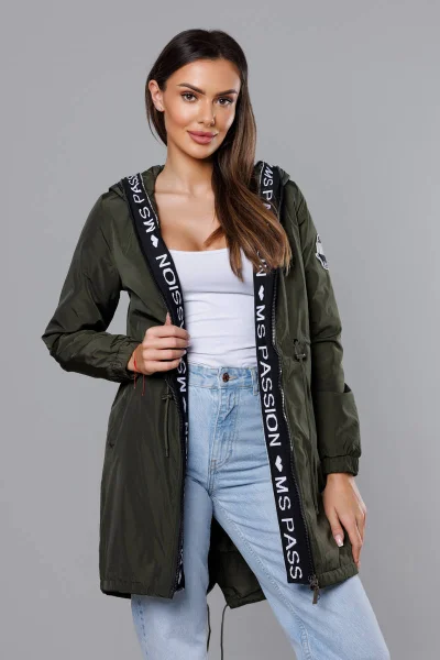 Khaki dámský kabátek s kapucí a výraznými lemy Miss TiTi