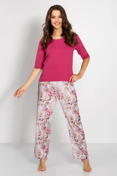 Tmavě růžové dámské pyžamo se vzorovanými kalhotami Momenti Per Me