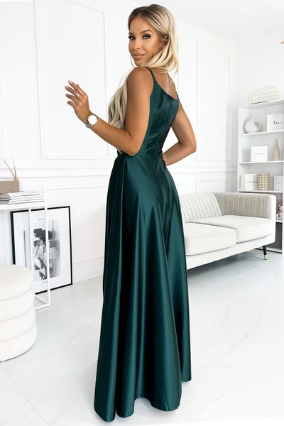 Tmavě zelené luxusní dlouhé saténové šaty s vysokým rozparkem Numoco