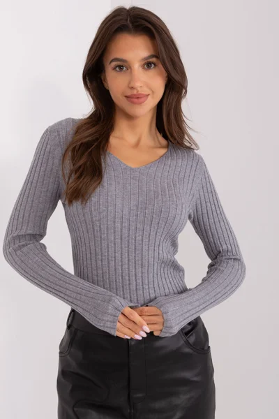 Světle šedý žebrovaný dámský pulovr Factory Price