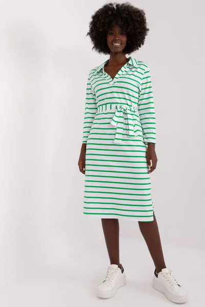 Midi dámské pruhované šaty s límečkem FPrice zeleno-bílé