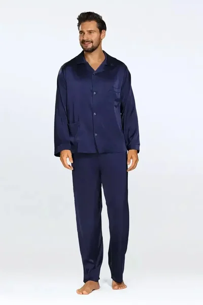 Tmavě modré saténové dlouhé pánské pyžamo DKaren