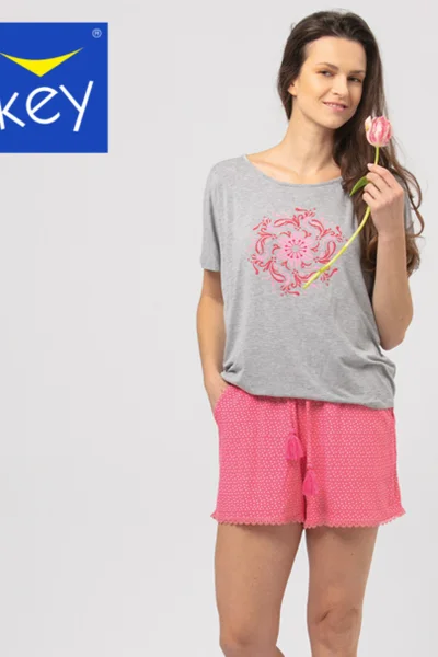 Růžovo-šedé dámské lehké pyžamo se šortkami Key