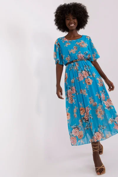 Vzdušné dámské midi šaty FPrice modré s květy