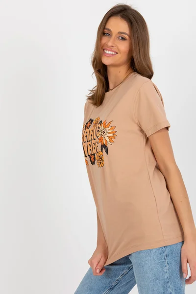 Béžové dámské tričko s potiskem FPrice
