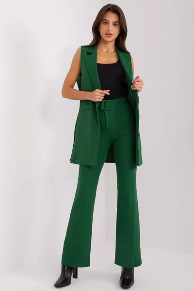 Tmavě zelený dámský komplet se zvonovými kalhotami a vestou FPrice