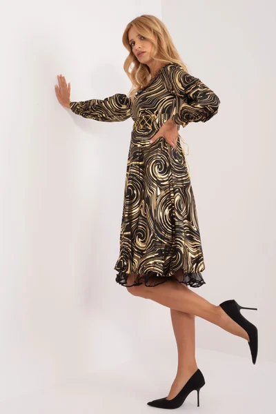 Vzorované dámské šaty s dlouhým rukávem FPrice černo-zlaté