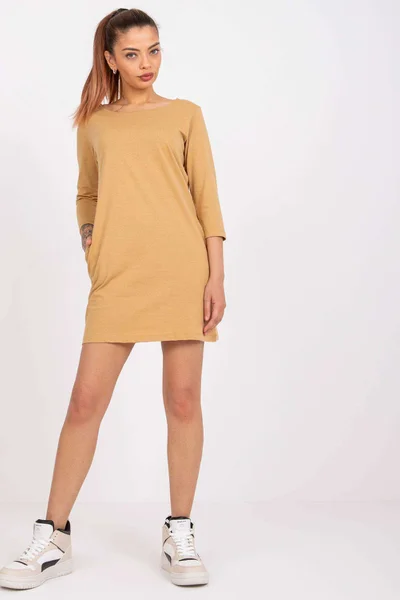 Béžové dámské mini šaty s dlouhým rukávem FPrice rovný střih