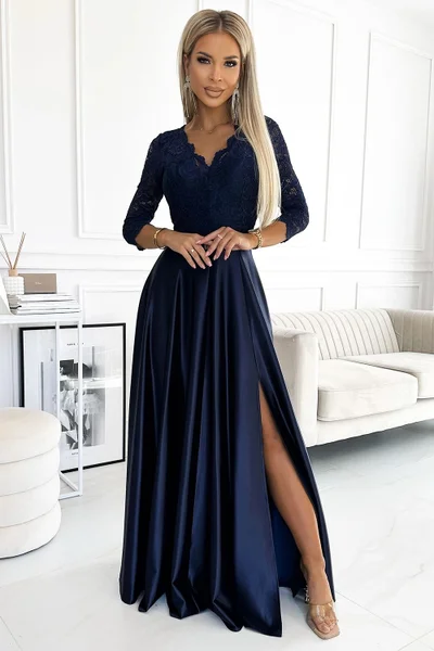 Tmavě modré dlouhé saténové společenské šaty s krajkovým živůtkem Numoco